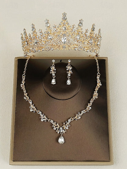 – Sparkling Set Gold-Plated Tiara Diamond Necklace Crown and