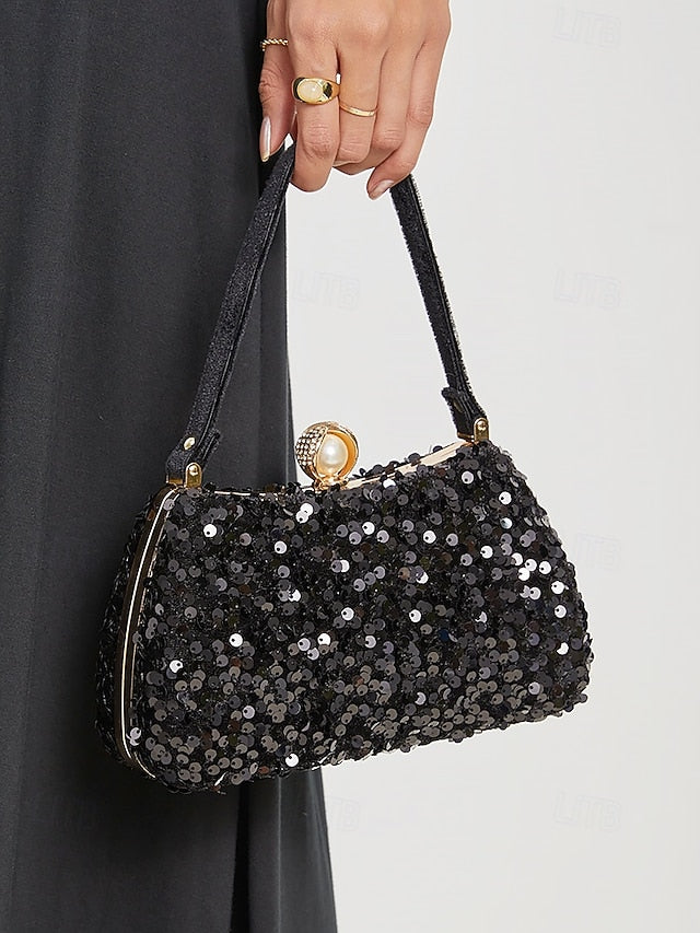 Black with Accent Sequin Clutch Pearl Evening Women's –