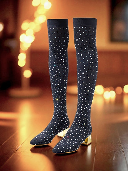 Pointed Black Boots Rhinestone Over-the-Knee with Women's
