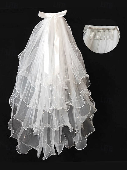 Satin Ivory Veil and Bridal - Elegant Ribbon Soft Tulle with