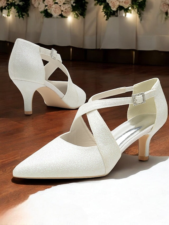 Glitter Cross Heels Rhinestone with Buckle Kitten White Strap