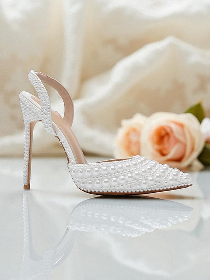 Pearl-Embellished Women's Leather Heels White - Slingback
