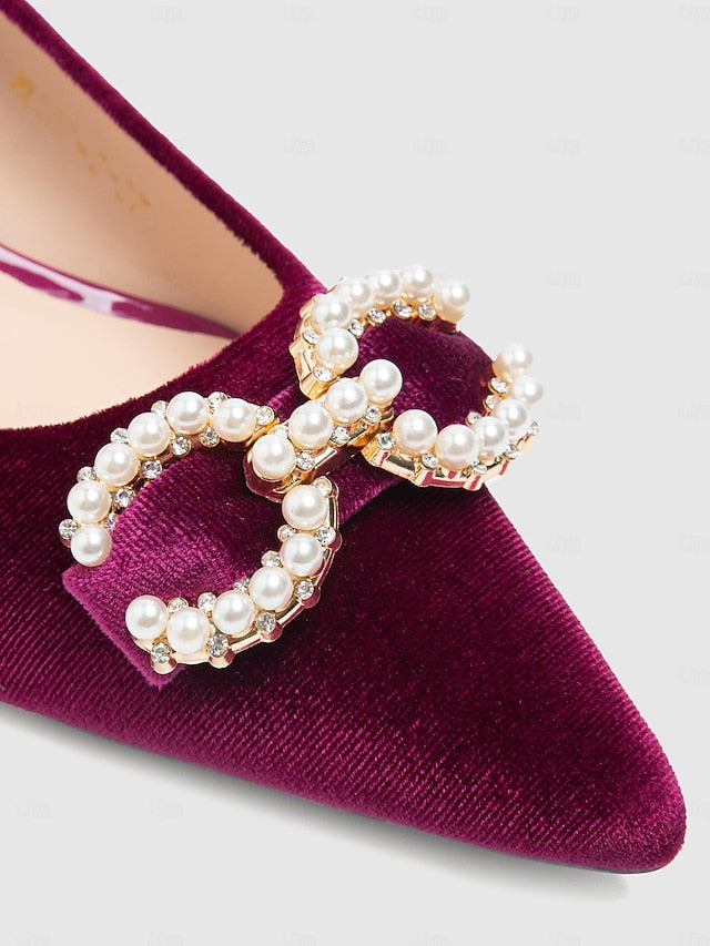 Women's Pearl Velvet Bow with Pumps - Burgundy Kitten Heel