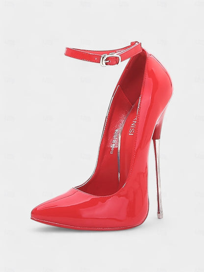 Ankle Stiletto Strap Red Heels Leather Women's with Patent