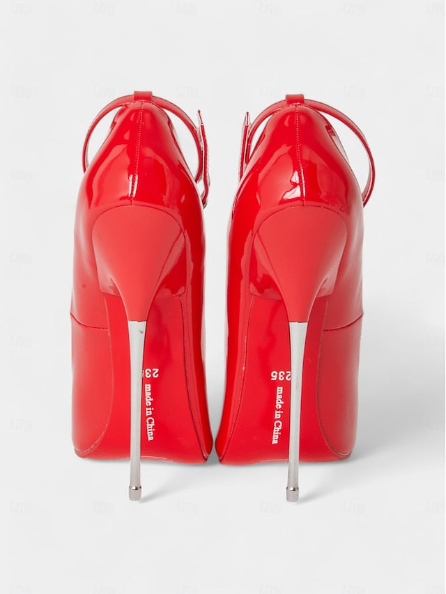 Ankle Stiletto Strap Red Heels Leather Women's with Patent