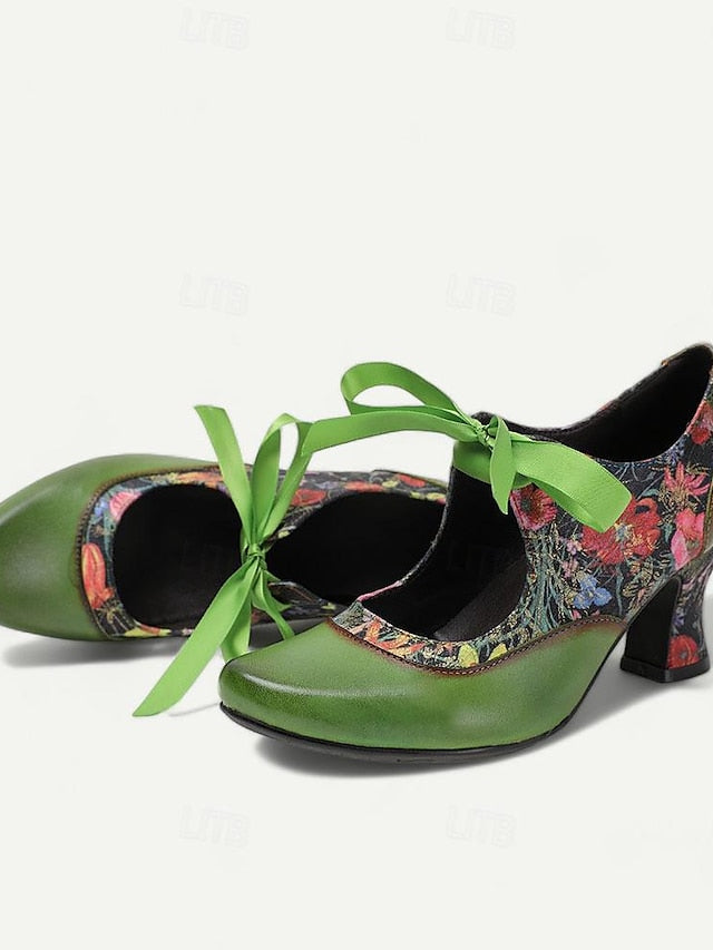 Mary Jane Green Heels Women's Print Floral Leather with
