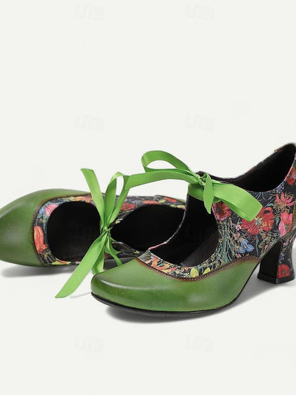 Mary Jane Green Heels Women's Print Floral Leather with