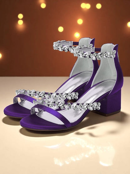 Purple Satin Crystal Sandals - Women's Heel Block