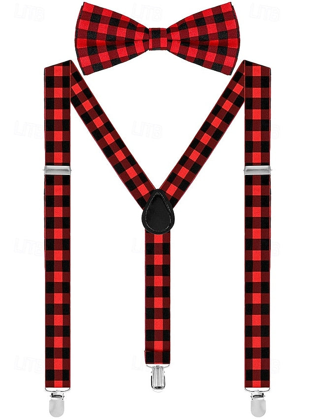 Men's Suspender Adjustable Tie Plaid and Christmas Set Bow