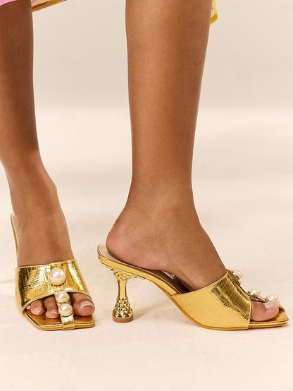Luxurious with Gold Accents Leather and Pearl Mules Sculptural