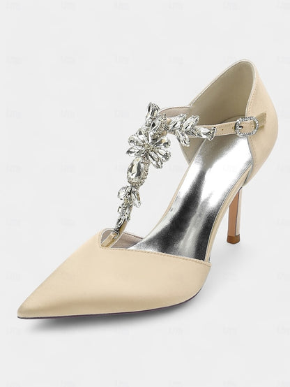 – Blue Navy Pointed Toe Women's Heels T-Strap Satin