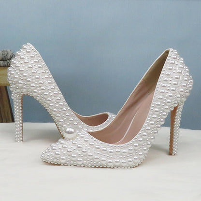 Purse White and Stiletto Round Pearl-Embellished Pearl Set Heels