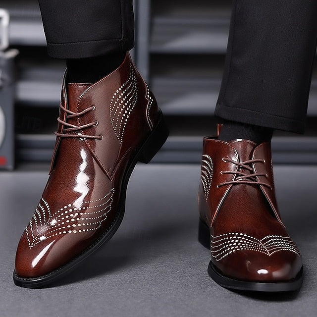 Leather Brogue Burgundy Glossy Faux Ankle Men's Wingtip