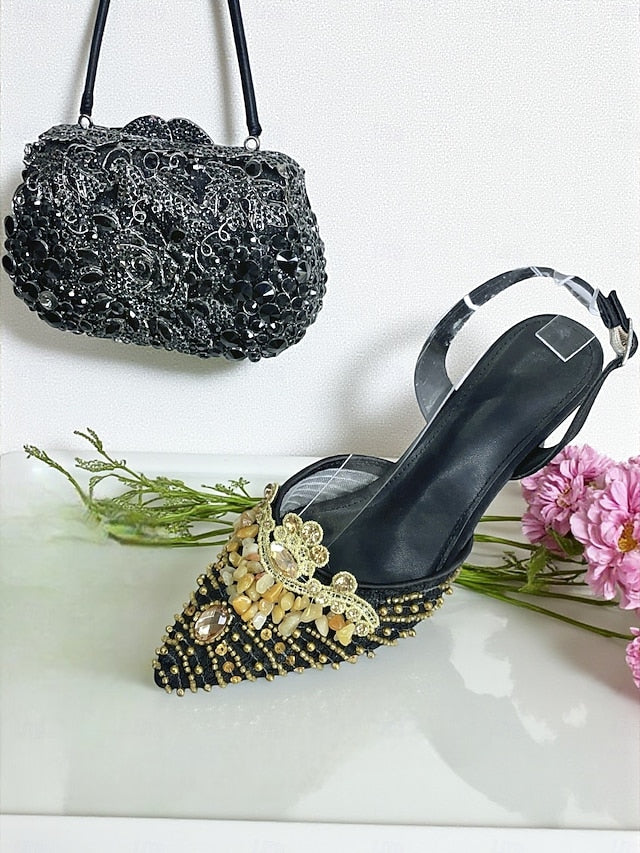 Rhinestone Set Shoes Green Bag - Clutch Heel Women's and