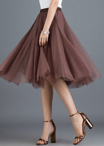 Jupe plissée en tulle à taille haute et ourlet extra large marron tendance printemps TT1034 