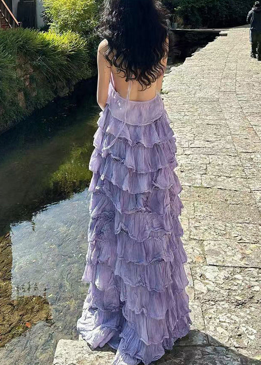 Kleider Maxi Sexy Hals Ärmellos Baumwolle Lila V Rückenfrei 