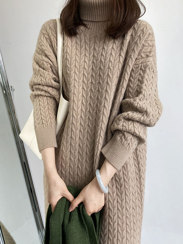 Casual Grey High-Neck Long Sleeve Twist Knit Dress AN1053