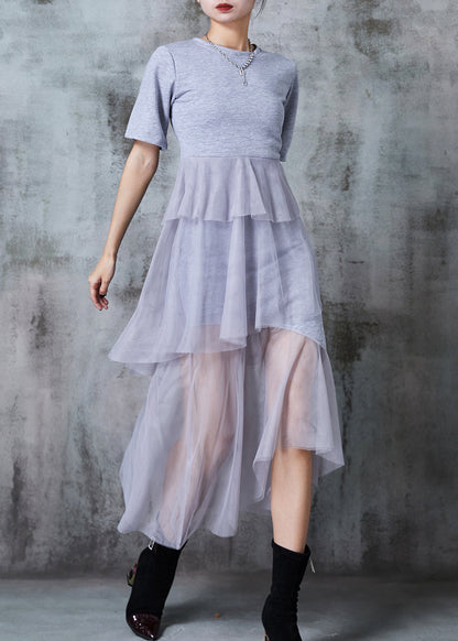 Robe de vacances en tulle patchwork gris coupe ajustée été QA1021 