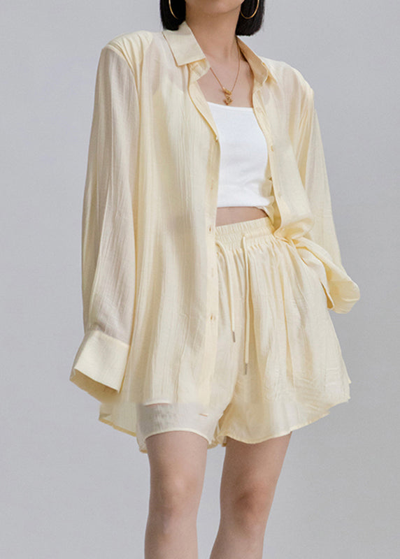 Casual White Peter Pan Collar Shirts And Shorts Two Pieces Set Long Sleeve AN1031