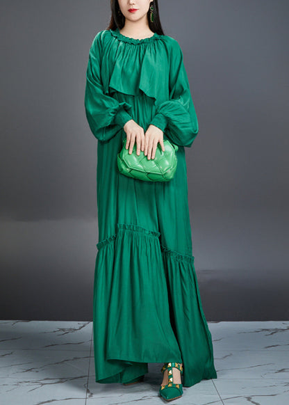 Robe longue en coton vert italien avec poches à volants et ceinture nouée Automne AJ1028 