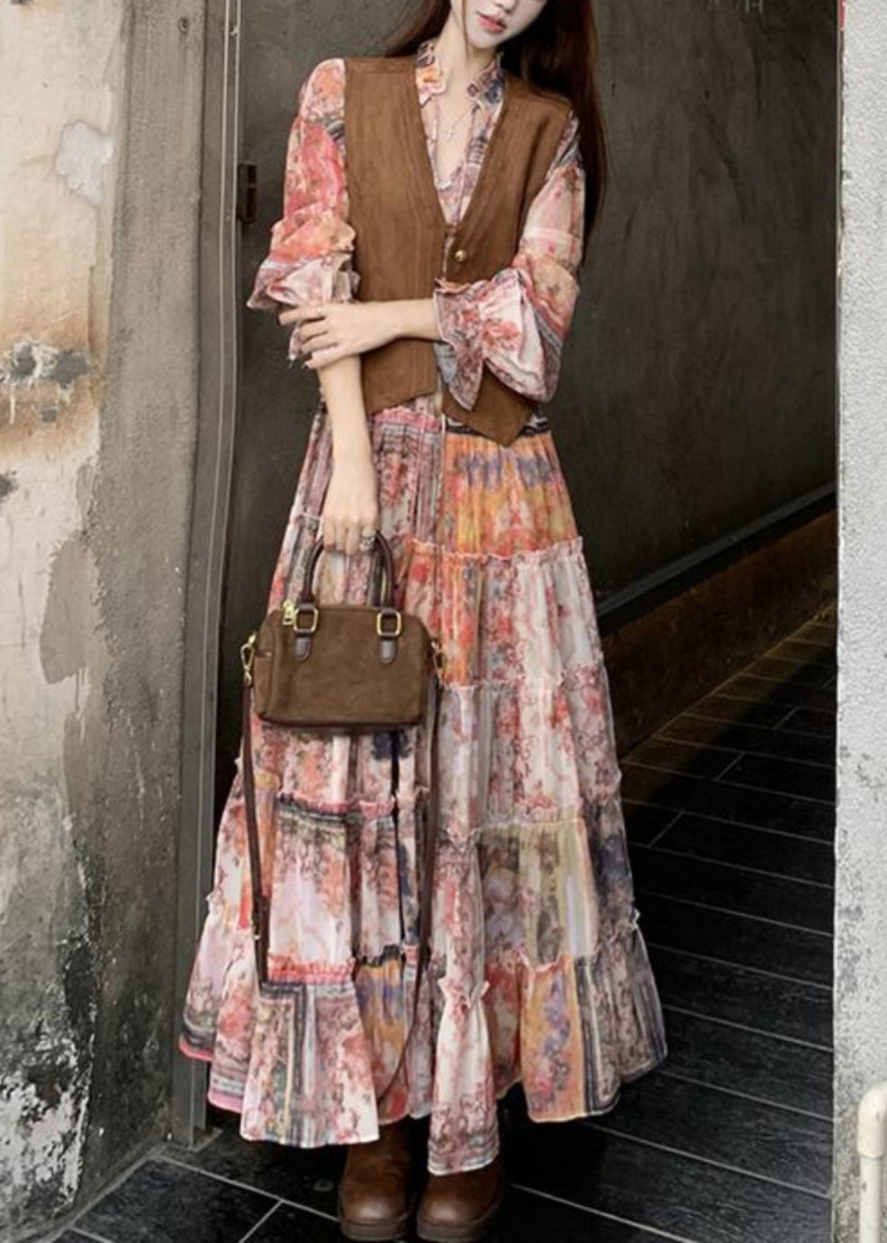 Kleid Braun Und Rüschen Wildleder Faux Elegante Weste Zwei-Stück 