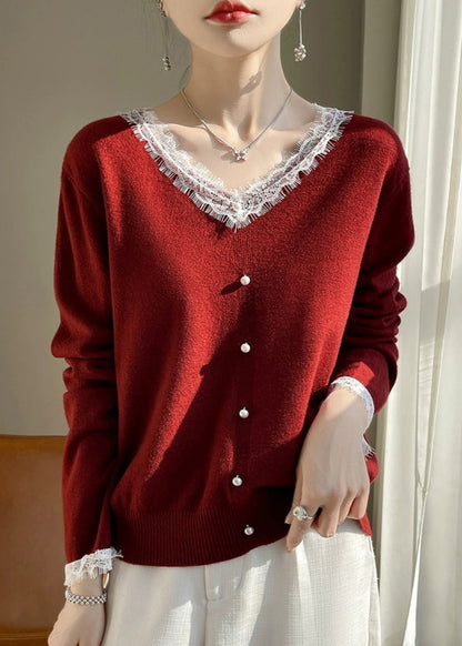 Pull en tricot de coton patchwork en dentelle à col rond blanc français Automne QP047 