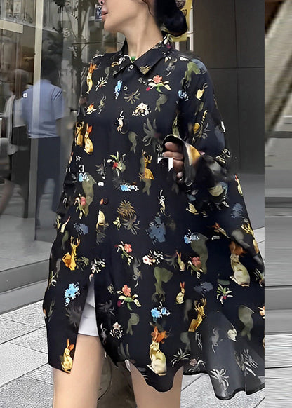 Fashion Black Peter Pan Collar Print Button Chiffon Shirt Long Sleeve TT1043