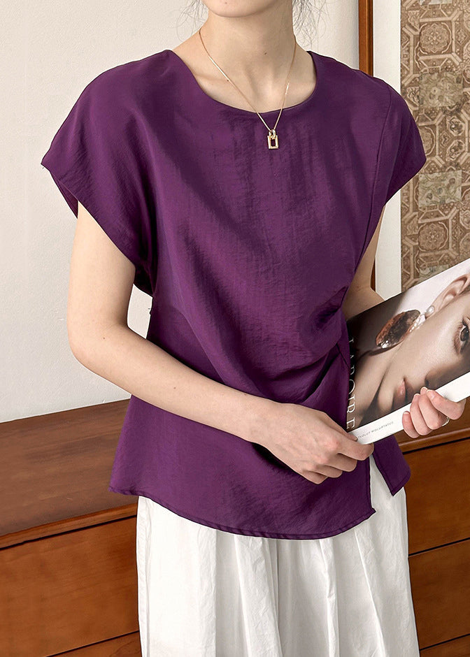 Simple Purple O Neck Front Open CottonTops Short Sleeve AF1086