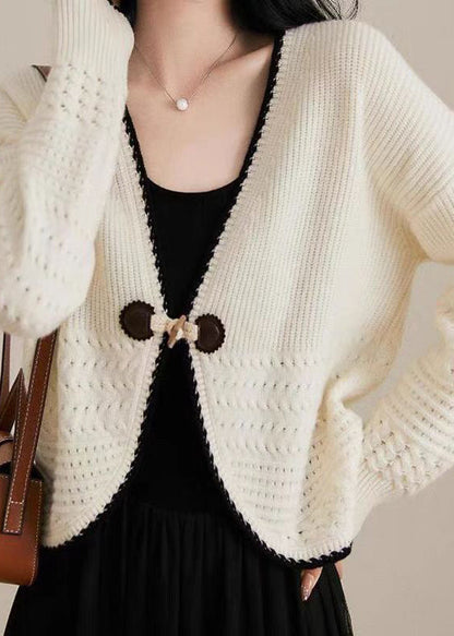 Cardigan en tricot de laine beige à col en V pour femme Automne QC049 