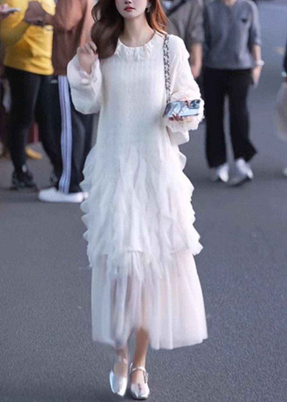 Weiß Maxi Ärmel Solide Tüll Schmetterling Kleider Elegante