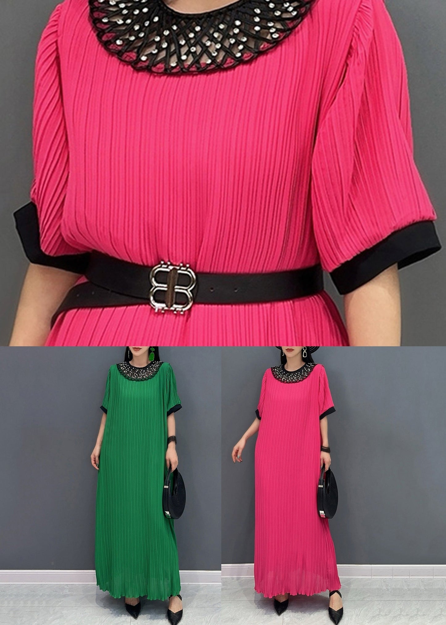 Style Red O-Neck Wrinkled Long Dress Short Sleeve AO1023