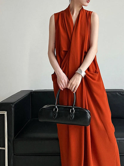 Taschen mit drapiertem ärmellosem Kleid Elegantes Midi 