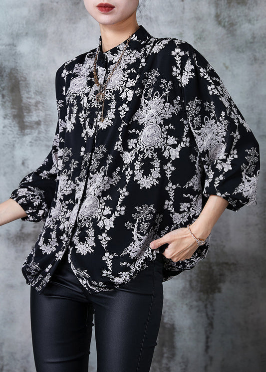 Plus Size Black Stand Collar Print Chiffon Shirts Summer QA1014