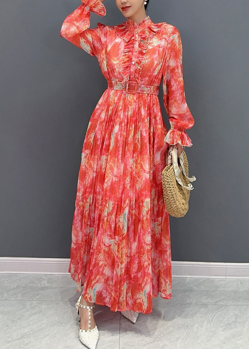 Fashion Red Stand Collar Print Sashes Chiffon Long Dress Long Sleeve AO1035