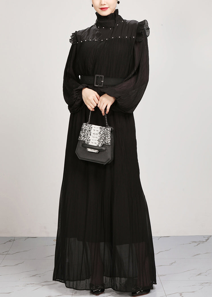 French Black Ruffled Solid Chiffon Maxi Dresses Fall AR1038