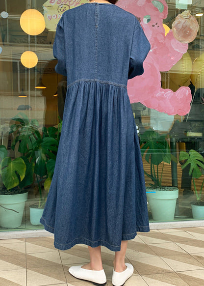 Robe longue décontractée en denim bleu à col rond froissé et patchwork, printemps TT1049 