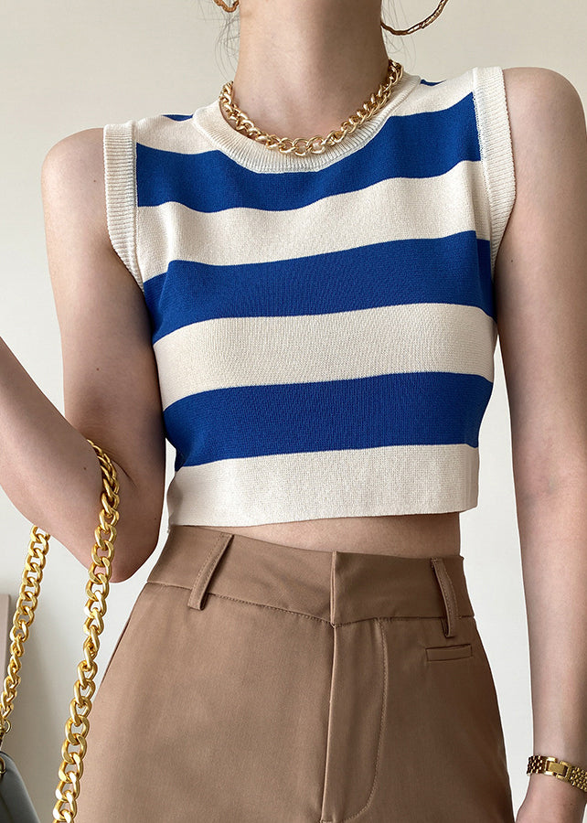 Stylish Blue O Neck Striped Knit Tank Sleeveless AF1049