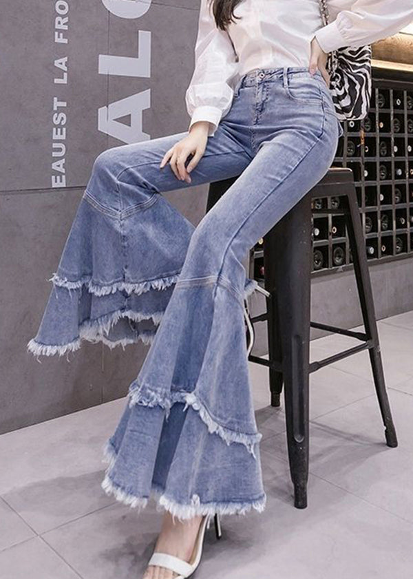 Denim Frühling Stilvolle Quaste Ausgestellte Patchwork Hose Blau 