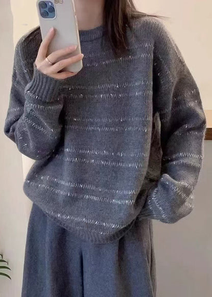 Pull en laine à rayures et col rond gris foncé pour femme Automne QP020 