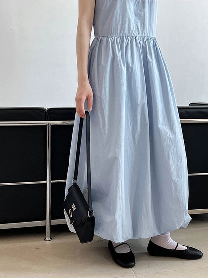 Patchwork-Kleid mit O-Ausschnitt, schlicht, ärmellos, blau, Puffsaum 