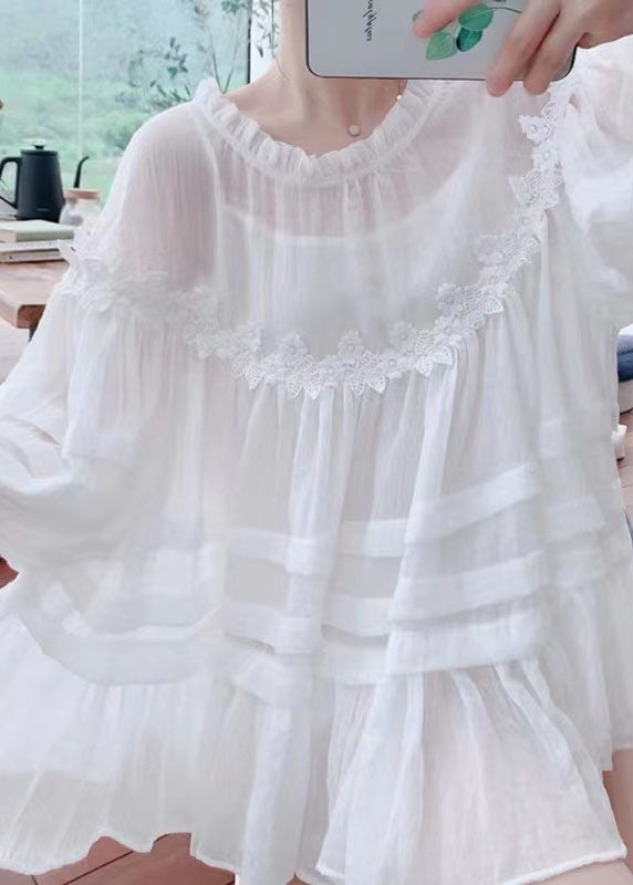 Style White Lace Ruffled Patchwork Cotton Blouses Lantern Sleeve AZ1027