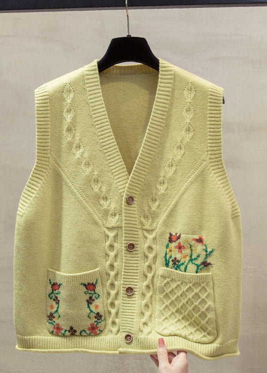 Natural Yellow V Neck Floral Cotton Knitted Waistcoat Fall QP014