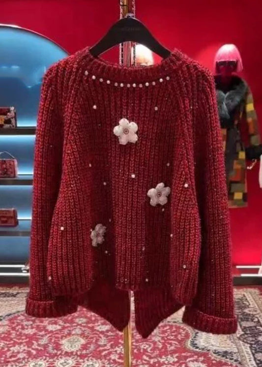 Stylish Red O-Neck Floral Nail Bead Thick Cotton Knit Sweater Tops Winter WD037