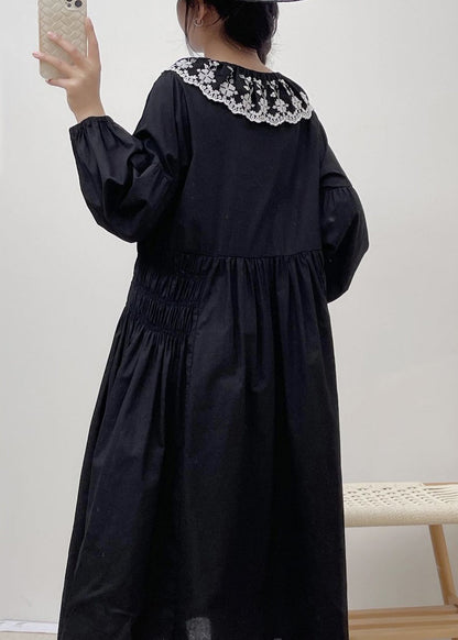 Robe ample en coton brodée noire à lacets Printemps NN017 