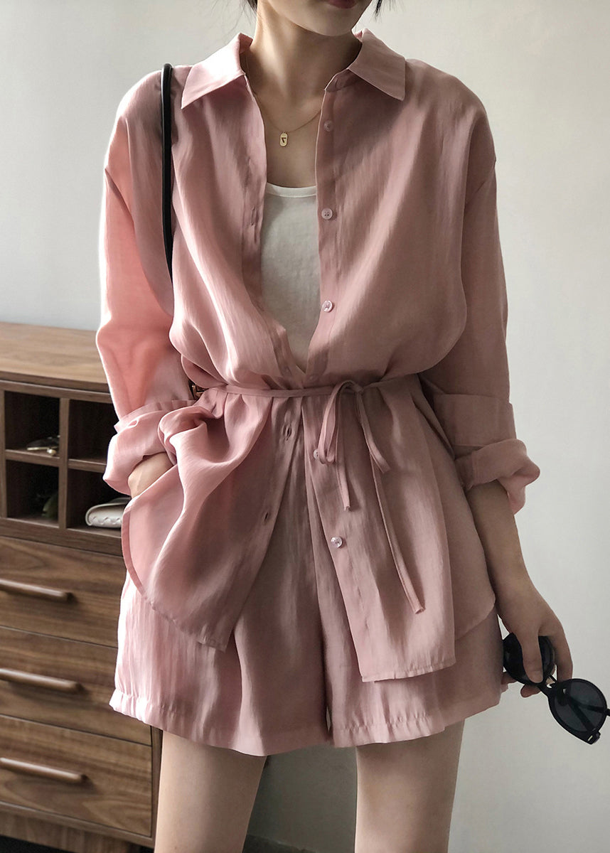Pieces Shorts Up Lace Zweier-Set Shirts Seidentaschen Rosa und Locker 