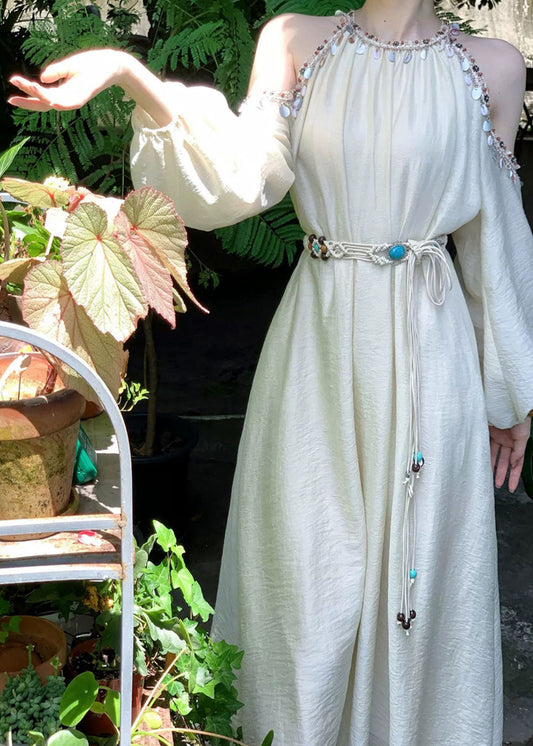 Apricot Bohemian Laterne Seide Kalt Ärmel Schulter Pailletten Lange 