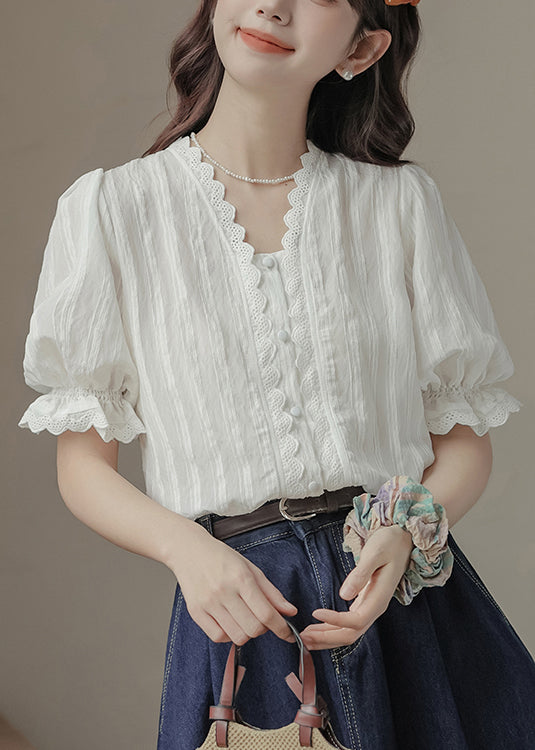 Summer Neck V Lace Casual Top Patchwork White