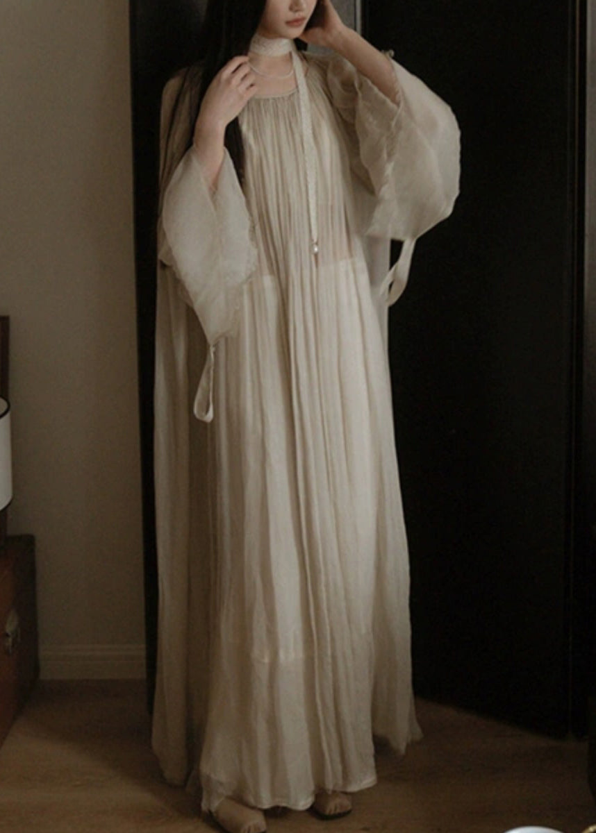 Elegant White Solid Wrinkled Silk Cotton Long Dress Flare Sleeve TT1050