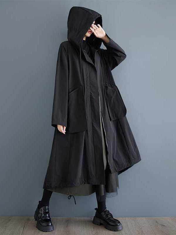 Casual Balck Hooded Pockets Zip-up Drawstring Hem Long Sleeve Trench Coat TW021