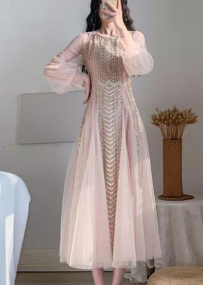 Robe à manches bouffantes en tulle et perles à ongles rose 2024 AZ1019 